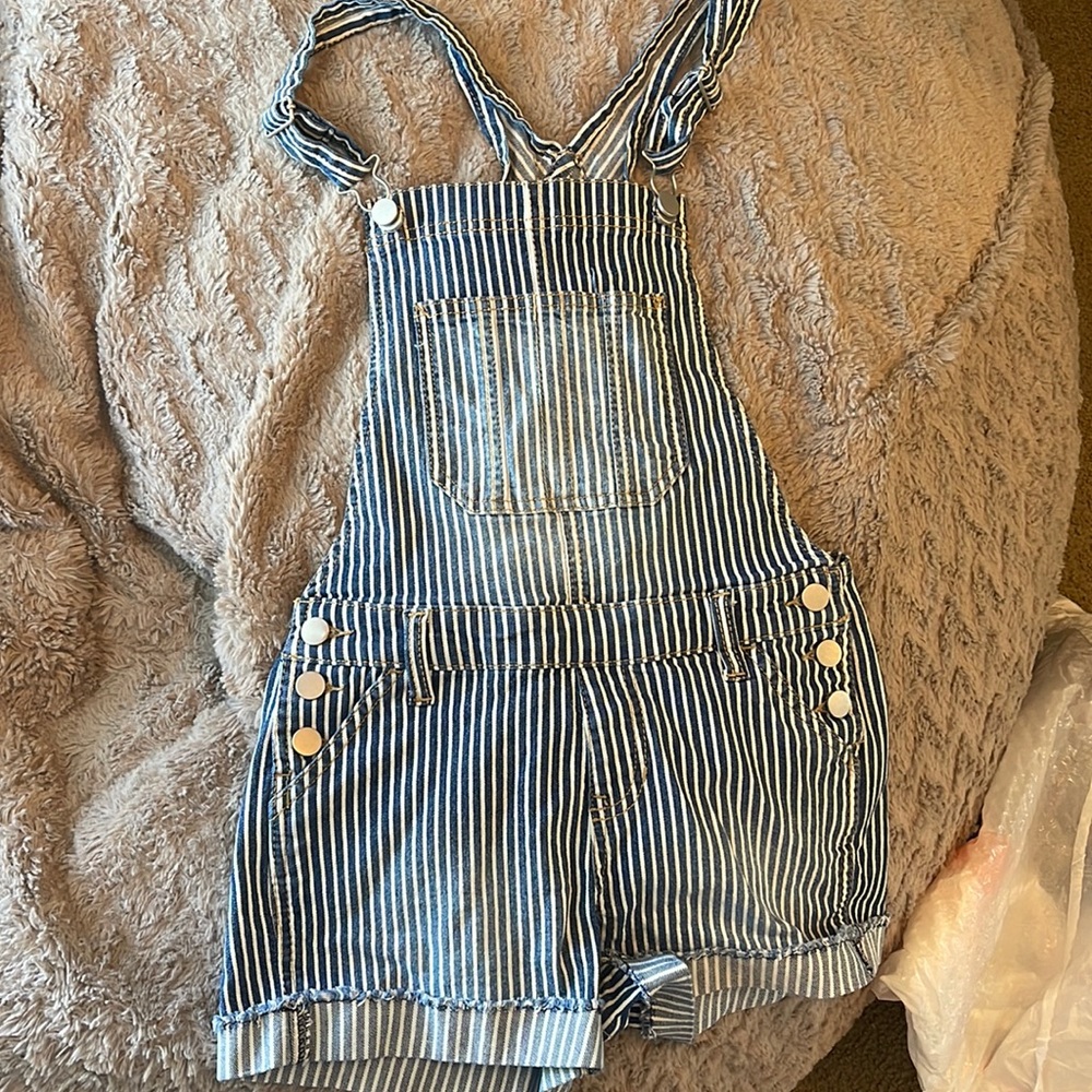 white and blue striped overalls, perfect condition,